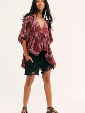 Free People Burgundy Paisley V-Neck Tunic